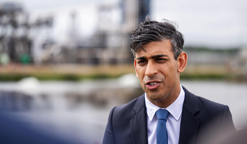 Digging a hole: Rishi Sunak speaking to journalists outside the St Fergus gas plant in Aberdeenshire last month. Image: PA Images / Alamy Stock Photo